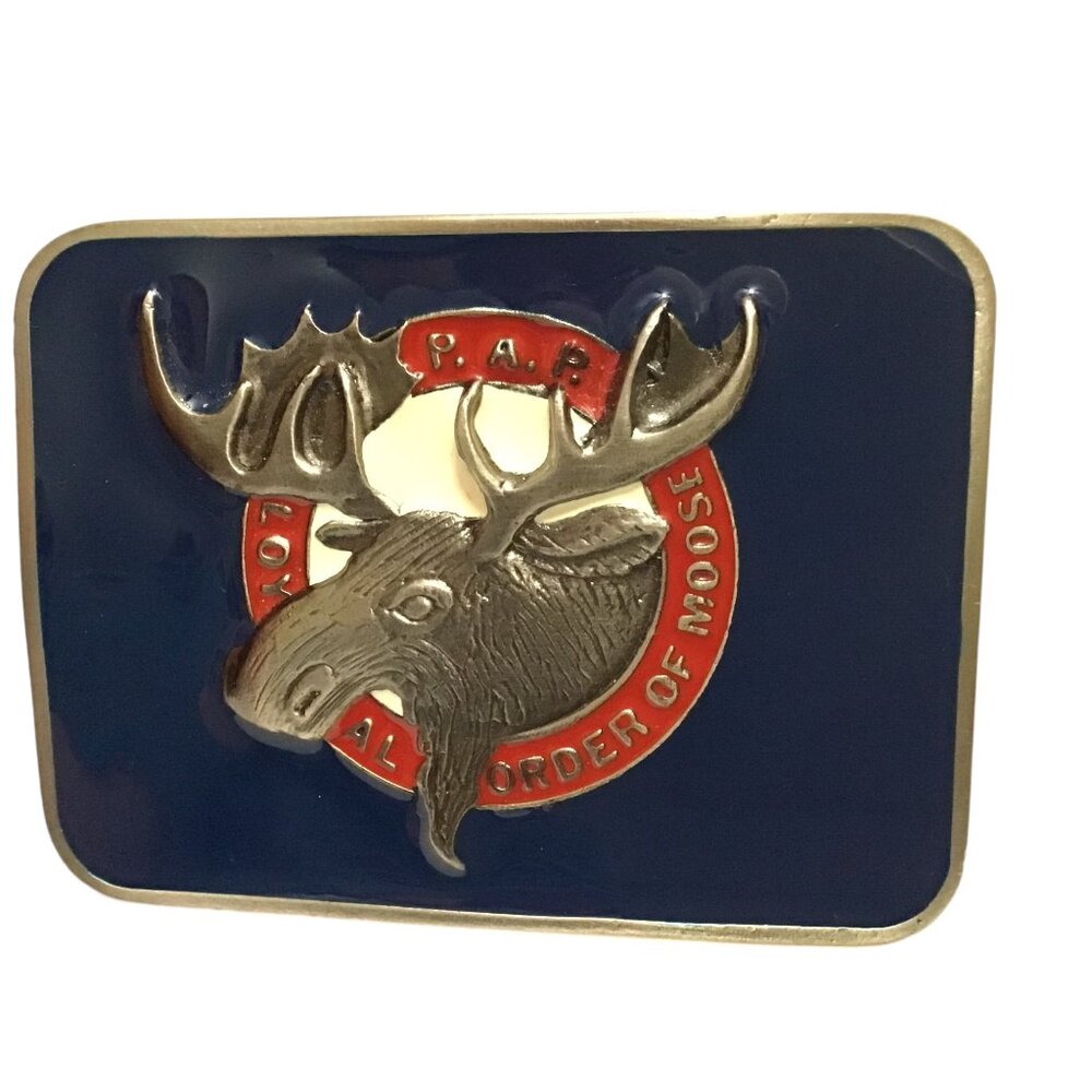 Loyal Order of Moose PAP Belt Buckle Cast Metal Epoxy Front 2013 Vintage Crafted